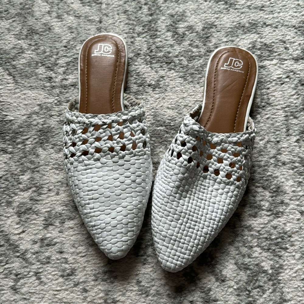 EUC White Jeffery Campbell woven flat mules